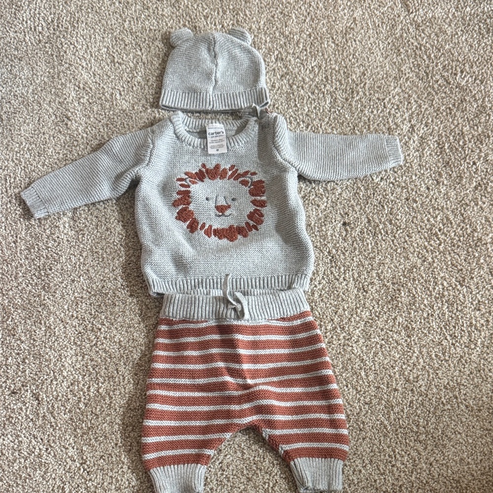 Carter's Gray Knit Lion Sweater Set with strip pants